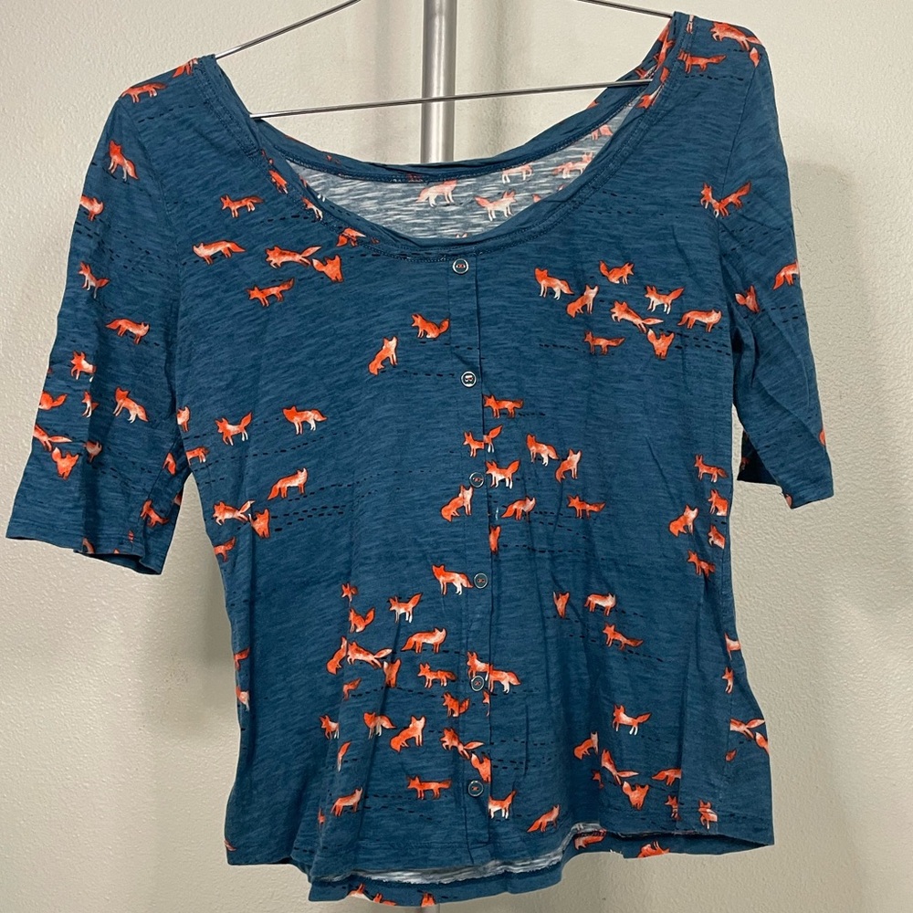 Anthropologie 1/2 sleeve scoop neck blue top w/ orange fox pattern sz XL - Picture 4 of 10